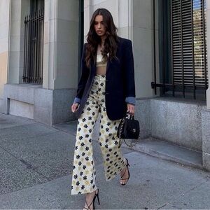 Zara The Marine Straight Jeans Women 2 White Floral Print Raw Hem Wide Leg Pants